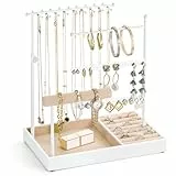 Emibele Schmuck-Halter, Schmuck Organizer Stand Halsketten Ohrringe Armband Halter, 5-Stöckiger Schmuckständer mit Metallrahmen und samtener Ringablage, Ästhetischer Schmuckständer für Frauen, Weiß