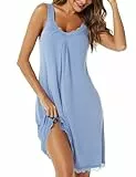 Uniexcosm Nachthemd Damen Ärmelloses Kurz Baumwolle Nachtkleid Spitze V-Ausschnitt Nachtwäsche Sexy rutschfeste Schultergurte Freizeitkleid Sleepwear Hellblau XL
