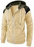 Ophestin Herren-Kapuzenpullover mit durchgehendem Reißverschluss, Fleece, Patchwork-Jacke, einfarbig, mit Kanga-Tasche, 2 Khaki-Gelb, L