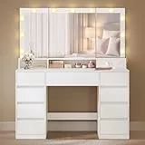 VASAGLE Kailyn Kollektion - Schminktisch, 3-teiliger Spiegel, Frisiertisch 11 Glühbirnen, Steckdosen, 9 Schubladen, 3 Lichtfarben, werkzeuglose Montage der Schubladenschienen, wolkenweiß RDT146WB01