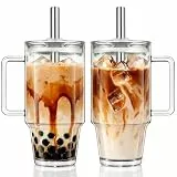 KEMORELA 2er-Set 710ml Glasbecher mit Griff, Deckel & Edelstahl-Strohhalmen – Wiederverwendbare Mason Jar Trinkgläser für Eiskaffee, Smoothies, Säfte & Tee – Inkl. Reinigungsbürste