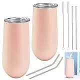 Tongboke 2 Stück Weinbecher Edelstahl, Sektgläser Edelstahl, Champagnergläser Wird mit 2 Sets von Bürsten und Strohhalmen geliefert,Sektgläser To Go für Büro, Party, Camping Weingläser,Reisen