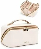 Prite Große Kapazität Kosmetiktasche Tragbare Reise Make Up Tasche wasserdichte PU-Leder Schminktasche oder Kulturbeutel mit Transparente Trenner und Griff(Beige M)