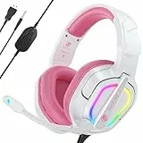 Fachixy FC200 Gaming Headset für PS5, PS4, PC, Xbox One, Super Nintendo (SNES), Gaming-Kopfhörer, Headset mit Stereo-Mikrofon-Sound mit 3,5-mm-Klinkenstecker mit RGB-Licht - Weiss-ROSA