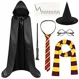 AUYAO Zauberer Kostüm Zubehör Jungen Mädchen 11Pcs Cosplay Kinder Schwarz Umhang/Mütze/Zauberstab/Gestreifte Krawatte/Gestreifter Schal/Runden Brille/Aufkleber Halloween Kostüme Accessoires Set 100CM
