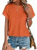 Cuptacc Tops Für Damen Bluse Damen Shirt Elegant Sommer Lochstickerei Kurzärmel Rundhals Orange Casual Groß L 42-44