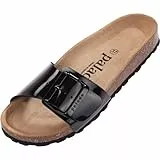 Palado Pantoletten Damen Malta EGS Lack – bequeme Sandalen Made in Spain - Hausschuhe mit dämpfendem Kork-Fußbett - modische Sommerschuhe Schwarz/Schwarz UK6 - EU39