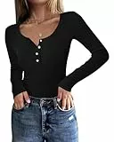 Fessceruna Damen Langarmshirt U-Ausschnitt Slim Fit Oberteil Longsleeve Shirt Basic Geripptes Pullover mit Knöpfen(Schwarz, XL)