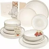 SÄNGER | Geschirrset Korfu 12 tlg für 4 Personen, Steingut Geschirr Handmade TEST SEHR GUT, Teller Set Ess- & Dessertteller Tiefe Teller Set Creme mit Sandiger Maserung | PREMIUM COLLECTION