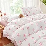 Freyamy Bettwäsche Set 135x200 cm Creme Weiß,Rosa Schleife-Muster Elegantes Bettwäsche, Weich Wende Creme Bettwäsche Set für Mädchen 2teilig,Bettbezug mit Reißverschluss + 1 Kissenbezug 80x80 cm