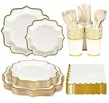 Anstore Partygeschirr Set, 200 Stück Partyteller Weiß mit Gold Goldrand mit Gabeln Messer Löffel Servietten Teller Becher, Einwegteller Pappteller Für 25 Gäste für Geburtstags Hochzeiten Partyzubehör
