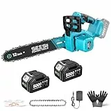 SEESII 12 Zoll Akku Kettensäge mit 2×5.0Ah Akku & Ladegerät, Brushless Elektrisch Kettensäge mit Automatischem Öler & Werkzeugloser Kettenspannung, Holzsäge Elektrisch für Gartenarbeit, Baumpflege