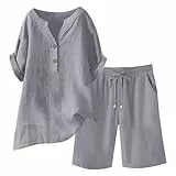 EMATOP Sommer Kurz Leinenanzug Damen Leicht Luftig Musselin Set Baumwolle Leinen Tracksuit Elegant Zweiteiler Bluse und Shorts Outfit Einfarbig Lässig Sportanzug mit Taschen Bequem Freizeitanzug
