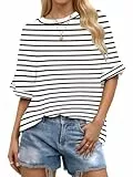WNEEDU Oversize Shirt Damen Kurzarm Rundhals Oberteile Damen Sommer Basic T-Shirt Locker Lässige Top Oversize Bluse mit Gekrempelten Ärmeln Weiße Schwarz Streifen L