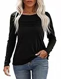 Gyabnw Langarmshirt Schwarz Damen Rundhals Baumwolle Plissee Design für Herbst und Winter Schwarz,L
