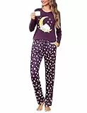 Aseniza Schlafanzug Damen Lang Pyjama Set Baumwolle Langarm Nachtwäsche Loungewear Zweiteiliger Frauen Schlafanzüge Sleepwear für Winter Lila, M