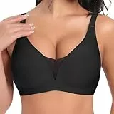 BH damen ohne bügel, Soft Seamless BH Comfort Push Up Bügelloser Bra, warehouse deal retourenware, V-Ausschnitt, Nahtloser Tshirt Schlaf BHS, Klassische Sport Bustier Mit Weicher Stütze, Schwarz XL