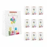 Idena 90249 - Geschenktüten Happy Birthday Geschenke, 10 Stück, Geschenktaschen in der Größe 18 x 23 x 8 cm, weiße Papiertüten mit bunten Geschenken und Ballons