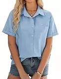 UMIPUBO Musselin Bluse Damen Sommer 100% Baumwolle Damenblusen Kurzarm Oberteile V-Ausschnitt Blusenshirt Hemdbluse Casual Shirts Leicht Sommerblusen Elegant Basic Knöpfen Tunika Tops (Blau, XL)