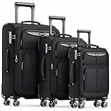 SHOWKOO Kofferset 3 Teilig Stoffkoffer Weichschale Reisekoffer Erweiterbar Leicht Haltbar Trolley Handgepäck Sets mit TSA Schloss und 4 Rollen (M L XL -Schwarz)