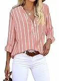 Cindeyar Bluse Damen Langarm Streifen Oberteile Casual Langarmshirt Tops Lose Baumwolle Tunika Hemd (XL, W Orange)