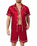 Lovasy Satin Schlafanzug Herren Kurz Kurzarm Pyjamas Set mit Knöpfen Sommer Pjs Sets Zweiteiliger Nachtwäsche,Rot,L
