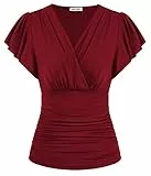 Damen T-Shirt Kurzarm V-Ausschnitt Einfarbig Top Slim Fit Plissee-Tops Tunika Blusen Weinrot S