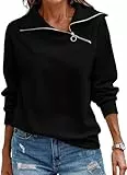 Cuptacc Pullover Damen Elegant Stehkragen Langarm Quarter Zip Pullover Lässig Basic Einfarbig Baumwolle Top Damen Schwarz, XXXL