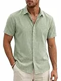 Runcati Herren Hemd Kurzarm Leicht Sommerhemd Männer Regular Fit Leinenhemd Hochzeit Business Strand Freizeithemd Casual Einfarbig Basic Shirt Grün L