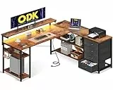ODK Schreibtisch mit Schubladen, Reversible Eckschreibtisch mit 2 Steckdosen und 2 USB Ladeanschluss, Bürotisch L Form mit LED für Home Office 155×110cm (Vintage-braun)
