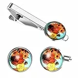 JewelryWe Krawattenklammer und Manschettenknöpfe Set für Herren: Van Gogh Sonnenblumen Krawattennadel Manschettenknöpfen Klassische Business Hochzeit Schmuck Accessoires Geschenk für Männer Silber