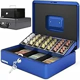 ACROPAQ Geldkassette abschließbar - Kasse mit Münzzählbrett, (30 x 24 x 9 cm), Mit 2 Schlüsseln, Blau - Geldkassette kaufen, Geldbox, Kassa Box