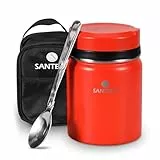 SANTECO Thermobehälter für Essen 500ml, 18/8 Edelstahl Warmhaltebehälter Speisegefäß für Essen mit Löffel und tragbaren Isolierbeutel, 24 Stunden Kalt (rot)