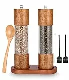 Salz und Pfeffermühle Holz 2er Set, Gewürzmühle mit Keramikmahlwerk, Salz und Pfefferstreuer mit untersetzer, pfeffermühle peugeot, Verstellbarem für Gewürze Pfeffer Salz 2er Set 21.5 cm (Sichtbar)