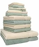 Betz Handtuch Set 12-teilig - Premium 100% Baumwolle 2 Duschtücher 4 Handtücher 2 Gästetücher 2 Seiftücher 2 Waschhandschuhe – Weiches & saugfähiges Badetuch Set – Sand/Heugrün