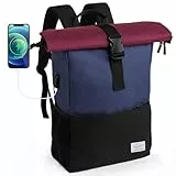 MoFut Rucksack Damen Herren Groß Schulrucksack viele Fächer mit 15,6' Laptopfach, Unisex Wasserdichter Rolltop Rucksack, Lässiger Backpack Schule Freizeit Uni Arbeit Wandern(Blau-Purpel).