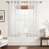 MRTREES Voile Gardinen Vorhang halbtransparent kurz mit Ösen in leinenoptik Stores Gardinen Schals für Wohnzimmer Schlafzimmer Kinderzimmer Weiß 175×140cm (H×B) 2er Set