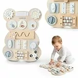 Mamabrum Holztafel Montessori Bär - Sensortafel pädagogische Kinder 18M+ - Klett Stecker Labyrinth Knopf - Entwicklung von Motorrad und Selbstständigkeit