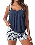Hanna Nikole Tankini Badeanzug Für Frauen Sportliche Badeanzüge Modest Tank Top Mit Shorts Schwimmanzug Marineblaue und weiße Blumen L