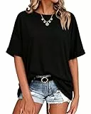 Terecey T Shirt Oversized Damen Sommer Locker T-Shirt Rundhals Einfarbig Oberteil Kurzarm Basic Y2k Tops Baumwolle Tee Shirt, Schwarz XL