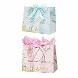 2 Stück 25× 20× 12cm Geschenktüten mit Schleifenbändern und Henkel, Papiertüten geschenktüten geburtstag, Geschenktasche für Geburtstag Hochzeit Feier Party Weihnachten(Rosa, Blau)