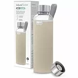 Aquafloow Wasserflasche aus Glas 700 ml mit Neoprenhülle, Transparente trinkflasche Glas mit Bambusdeckel | Ideal flasche für Büro, Outdoor, Schule, für Kohlensäurehaltige Getränke – Beige