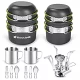 Odoland Camping Geschirr Set 16 PCS für 2 Personen Outdoor Kochgeschirr aus Aluminium und Edelstahl Camping Töpfe Becher Faltbare Besteck Mini Campingkocher für Outdoor Geschirr Picknick Wandern