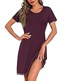 Demegimi Nachthemd Damen Kurzarm Schlafshirt Kurz Sommer Nachtwäsche Spitze Saum Sexy Negligee S-3XL