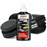 Auto Politur Set | Sonax Polish & Wax Color Schwarz 250ml Autopolitur + Polierschwamm + Poliertuch | Polierpaste für dunkle Metalliclacke zur Entfernung kleiner Kratzer | Polierset