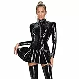 PIIKNUO Leder Bodysuit Damen Sexy Wetlook Body Kleid Party Latex Sexy Damen Lackleder Kleid Latex Kurze Partykleider Bodysuit Leder Kleider Minikleid Clubwear Glänzendes Lackleder Langarmkleid(L)