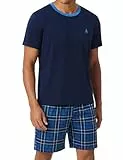 Bresdk Schlafanzug Herren Kurz Pyjama Set Sommer Baumwolle Pijamas Kurzarm Loungewear Nachtwäsche Rundhalsausschnitt Kurzer Schlafanzüge Mit Taschen Marineblau M