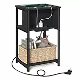 VASAGLE Beistelltisch, Nachttisch mit Steckdose, schmal, 2 AC-Anschlüsse, 2 USB-Anschlüsse, 30 x 34 x 58 cm, für Wohnzimmer, Schlafzimmer, schwarz LET375B02