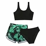 XINYUNZU Mädchen Bikini Set mit Badeshorts Hawaii Badeanzug 3-Teilig Bademode Schwimmanzug Swimsuit Girls Strand Badebekleidung Badeanzüge für Kinder Schwarz 150