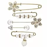 Emibele 5 Stück Künstliche Perlen Brosche, Strass Kristall Broschen Set Blumenbrosche mit Sicherheitsnadel Anstecknadel Broschennadel Pullover Schal Clip Kostüm Zubehör für Damen Mädchen, Weiß/Gold